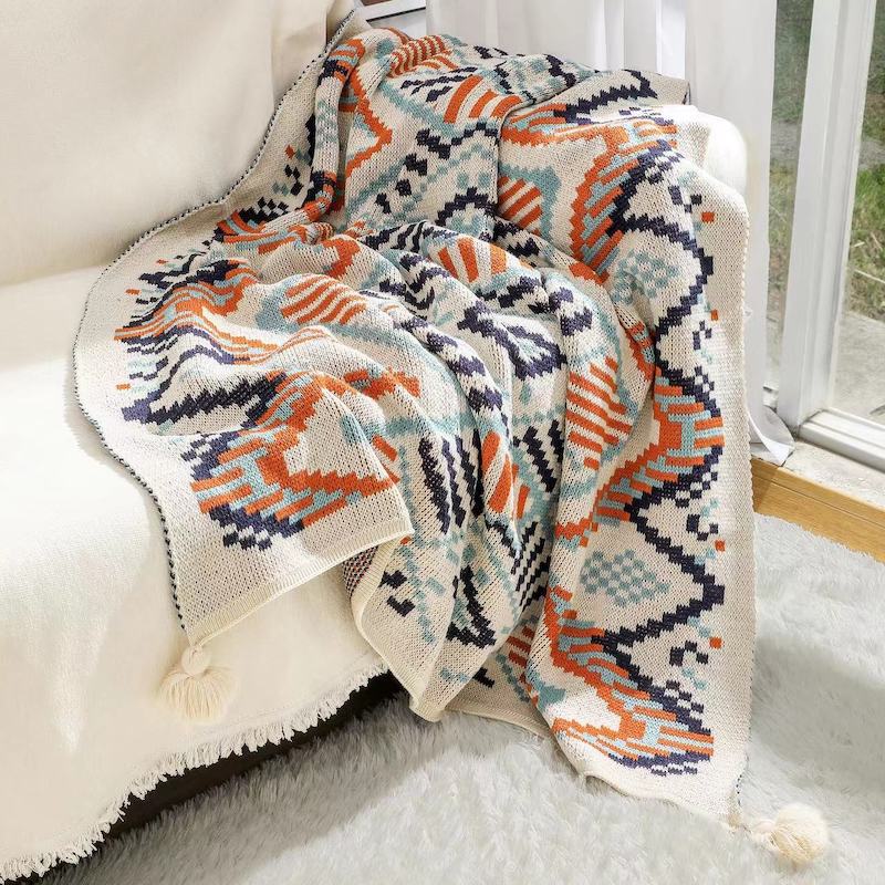 Boho вязать бросить одеяло с геометрическим ромбовидным узором и кисточками